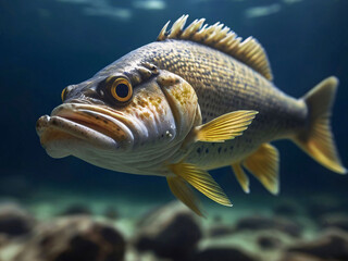 Wall Mural - Walleye Swimming Hunting For Food In Its Natural Habitat Underwater Photography Style 300 PPI High Resolution Image