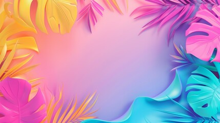 Sticker - Vibrant tropical background with colorful 3D-style leaves in pink, yellow, and blue hues.