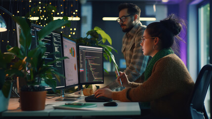 Wall Mural - Two individuals are seated at a desk, engrossed in work on their computer monitors.