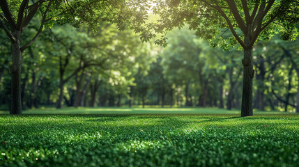 Wall Mural - Green lawn and trees background with copyspace. Nature background concept. Generative AI