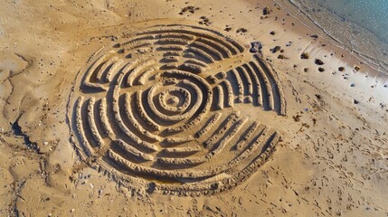 A mesmerizing sand labyrinth, created on a beach, with intricate patterns resembling a work of art. The aerial view captures the harmonious blend of natural materials and landscape AIG50