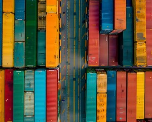 Wall Mural - Aerial view of colorful shipping containers stacked in an industrial dock, symbolizing global trade and containerization
