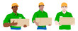 Set of male couriers, wearing green shirts and yellow caps, holding cardboard boxes in their hands. Flat design illustration.
