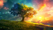 Beautiful tree in the middle of green grass, with a forest background and a colorful sky. Sunlight is shining on it, in the landscape