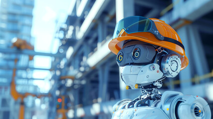 Canvas Print - A highly detailed robot wearing a safety helmet in an industrial setting.