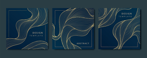 Wall Mural - vector set japanese style wave patterns, sea, organic line textures, line graphic illustrations, squ