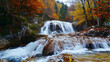 In autumn, the forest is full of colorful leaves and waterfalls
