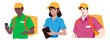Set of couriers and call center operators, men and women, wearing colored shirts and caps, with tablet in their hands or a backpack on their back. Flat design illustration.