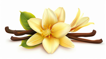 Wall Mural - Illustration of a beautiful yellow vanilla flower with green leaves and brown vanilla beans.