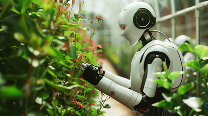 Poster - A humanoid robot delicately interacting with small red flowers in a lush greenhouse setting.