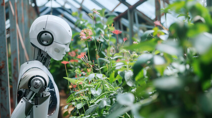 Wall Mural - Modern robotic figure examining plants in a lush greenhouse setting, showcasing technology in nature.