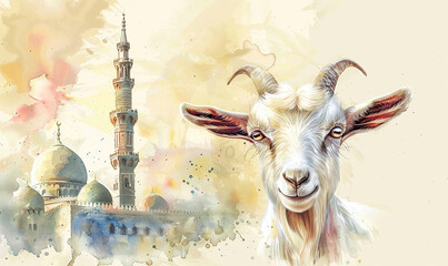 a watercolor of cute goat with mosque background template. Celebrate Eid Al Adha.