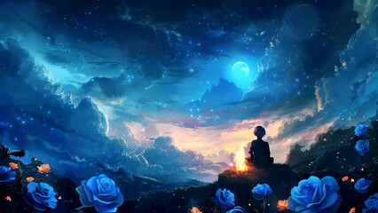 Wall Mural - Nightfall's Secrets: An Anime Boy's Journey through the Celestial Blue Rose Garden. Seamless looping time-lapse virtual 4k video animation background