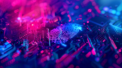 Poster - Close-up view of a vibrant circuit board with a glowing blue and pink fingerprint for cybersecurity.