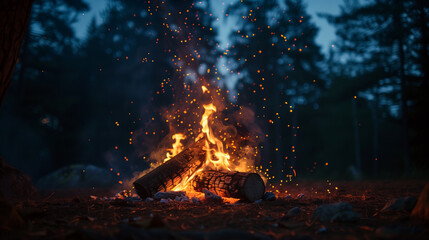 a vibrant campfire burns with rising sparks in a dark forest at dusk, creating a mesmerizing and war