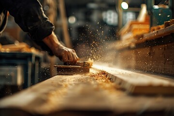 Wall Mural - Close up carpenter hands working with wooden plank, wood in a carpentry workshop. Joiner works using manual and electric equipment. Man doing woodwork professionally. Manufacturer, maker construction