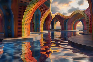 Wall Mural - Luxurious pool with vibrant decor and water features, AI-generated.