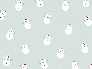 Snow mans and snow flakes pattern for Winter season concept. Hand drawn isolated illustrations.