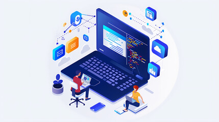 Isometric design concept of software development, programming, coding and programming.