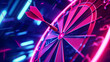 Close-up view of a dart embedded in the bullseye of a dartboard under neon lights.