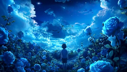 Wall Mural - Midnight Reverie: Anime Boy's Enchanting Encounter with Blue Rose Constellations. Seamless looping time-lapse virtual 4k video animation background