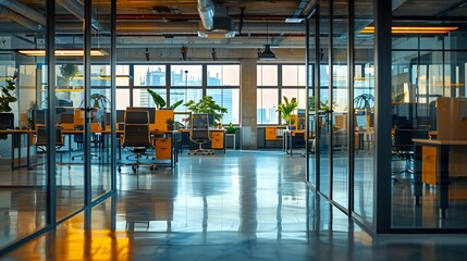 Wall Mural - Modern office space with large windows, desks and chairs arranged in an open layout. The room is well lit by daylight coming through the glass walls.