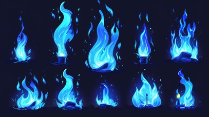 Wall Mural - The sequence of a magic flame on a torch, candle, or bonfire for 2D animation or video games. Animated sprite sheet with magic flames isolated on a black background.