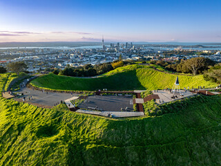 Aerial: mt eden volcano at dusk, Auckland, New Zealand