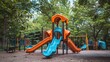 The playground includes a slide and a swing set in vibrant shades of orange and blue.