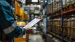 © ckybe - An employee is reviewing a safety data sheet in the chemical storage area at the plant. Industrial safety measures being taken. Focused view.