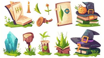 Sticker - An alphabet for kids with funny characters from cartoons, funny characters with torn pages and patches, a herbalist's or witch's spellbook in hat with herbs, cartoon characters tired, sleeping,