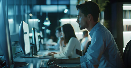 A man is sitting at a computer wearing headphones.