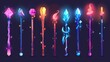 An rpg fantasy game assets cartoon illustration featuring a set of magic staffs, wands, and walk sticks with glowing gems, crystals, birds, and mystical haze.
