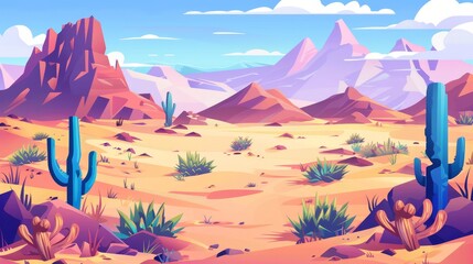 Wall Mural - African nature landscape tumbleweed rolling along hot dry deserted land with sand, cacti, and rocks, Cartoon illustration of an African desert.