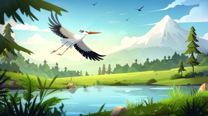 Wall Mural - In the morning a white stork flies above a lake on a modern illustration of a summer rural landscape. The forest shore is lined with coniferous trees along with green grass and a wild bird called a
