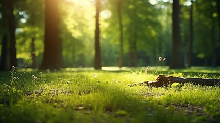 defocused woodland scene, grass trees, white flowers, low evening sun, green background concept