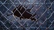 © Mark - Metal mesh, steel grid, or net with holes and wire cuts in center, damaged safety border, ripped metal mesh, realistic 3D illustration of a broken wire fence.