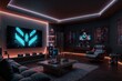 © Inspiraciones - gaminig room with chairs, neon lights, loudspeakers and big screen