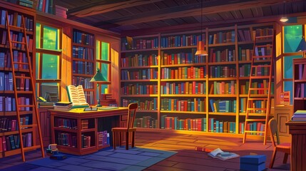 Wall Mural - The interior of a cartoon library features lots of books. Modern illustration depicting literature on shelves in a large room, wooden ladder, desk, armchair, computer, and lamp. Reading is a hobby