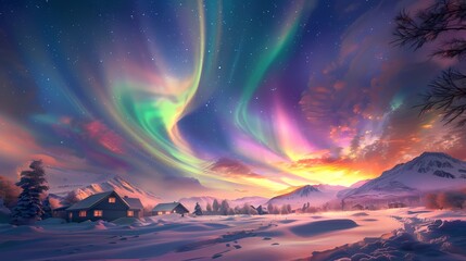 gorgeous aurora town scenery poster background