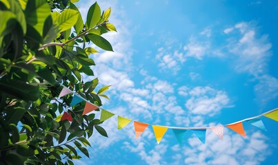 Wall Mural - colorful pennant string decoration in green tree foliage on blue sky, Generative AI