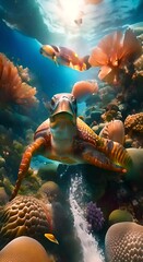 Wall Mural - Vibrant underwater scene with sea turtle amidst coral reef and fish, illuminated by sunbeams.