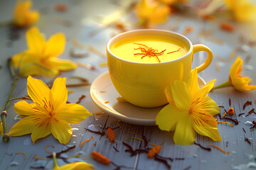 Wall Mural - A cup with a yellow drink and saffron flowers around it