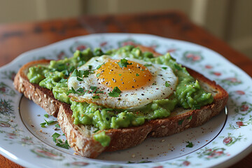 Wall Mural - A plate of toast with an egg and avocado on top