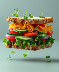 Wall Mural - A sandwich with lettuce, tomatoes, and cucumbers is flying through the air
