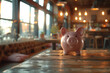 A small pink piggy bank sits on a wooden table in a restaurant