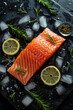 A piece of salmon is on a black table with a lemon and some herbs