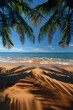 A palm tree is in the foreground of a beach scene