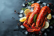 Two large lobsters with lemon slices and herbs on a black background