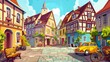 Typical European city street. Modern illustration of traditional half-timbered houses, yellow retro car on road, bicycle parked near bench in old European city.